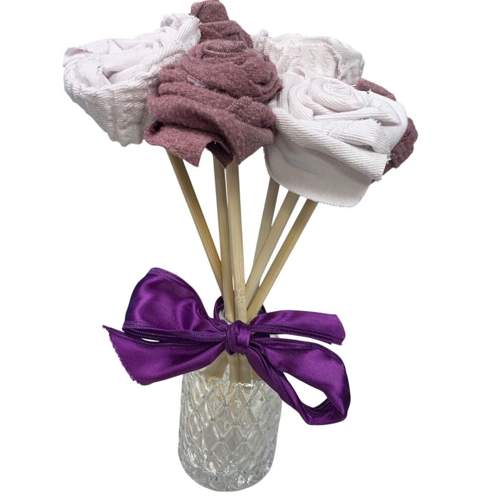 Handmade Upcycled Fabric Denim Valentine's Day Gift 6 Rose Bouquet in Glass Vase